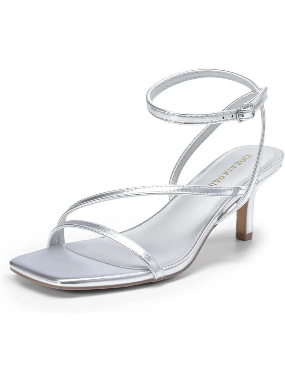 Women's Silver Faux Leather Low Kitten Heels Open Square Toe Ankle Strap Sandals
